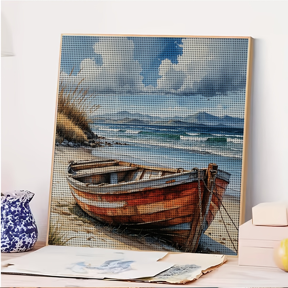 DIY Beach Wooden Boat and Ocean Waves Cross-Stitch Kit