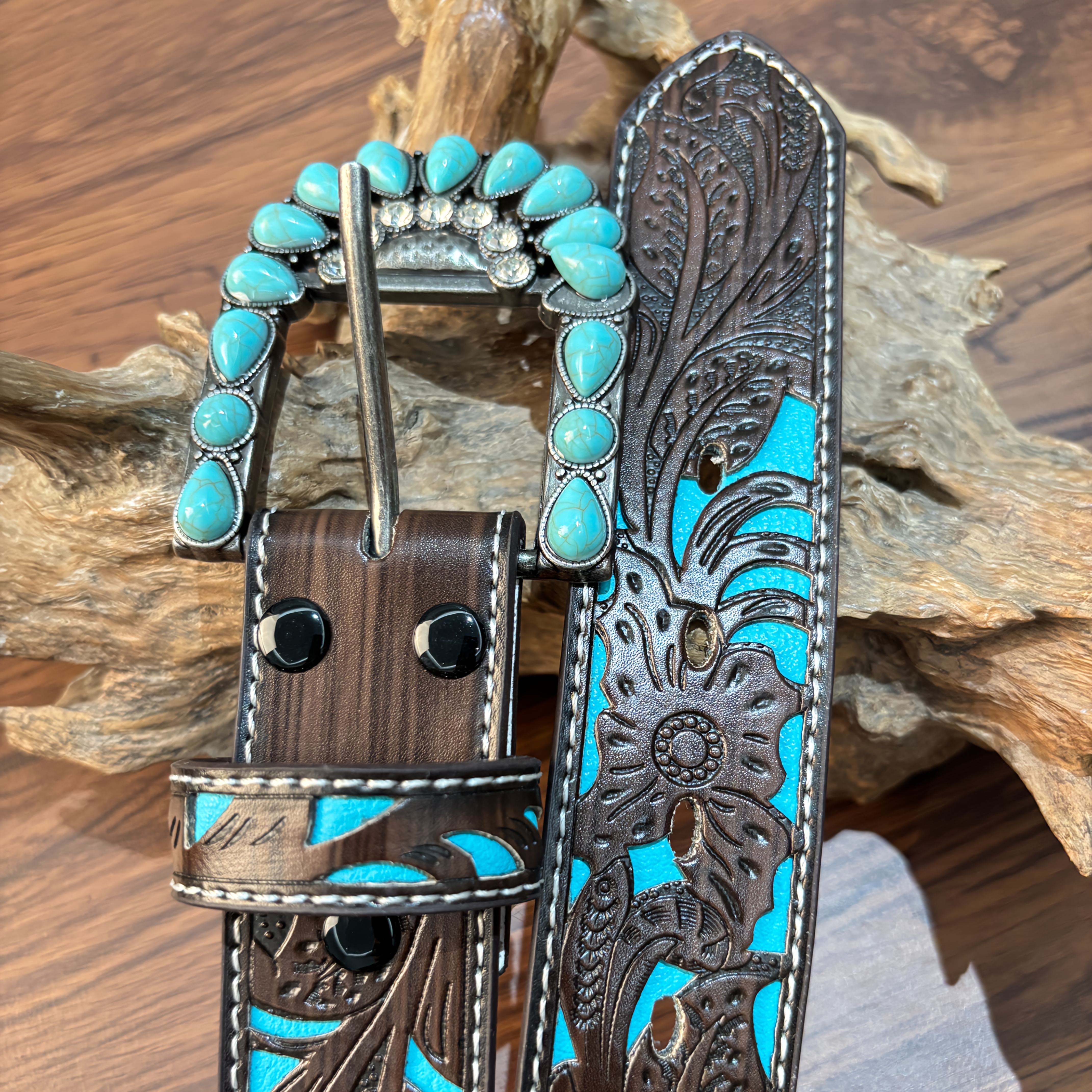 1ps Western belt with hollowed-out print for women, detachable buckle