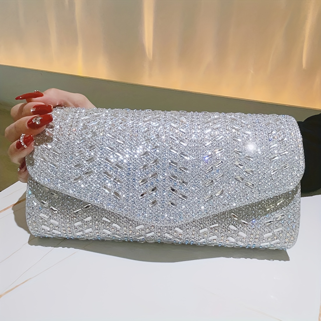 Pochette De Soirée Femme Argentée - Strass Et Paillettes - Pour Mariage