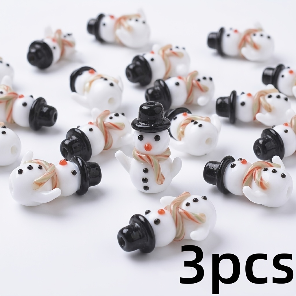 TEMU 3pcs Perles en verre 3D de neige, Chapeau noire avec écharpe rayée, Perles décoratives de neige blanc, Perles en verre de décorations de Noël,