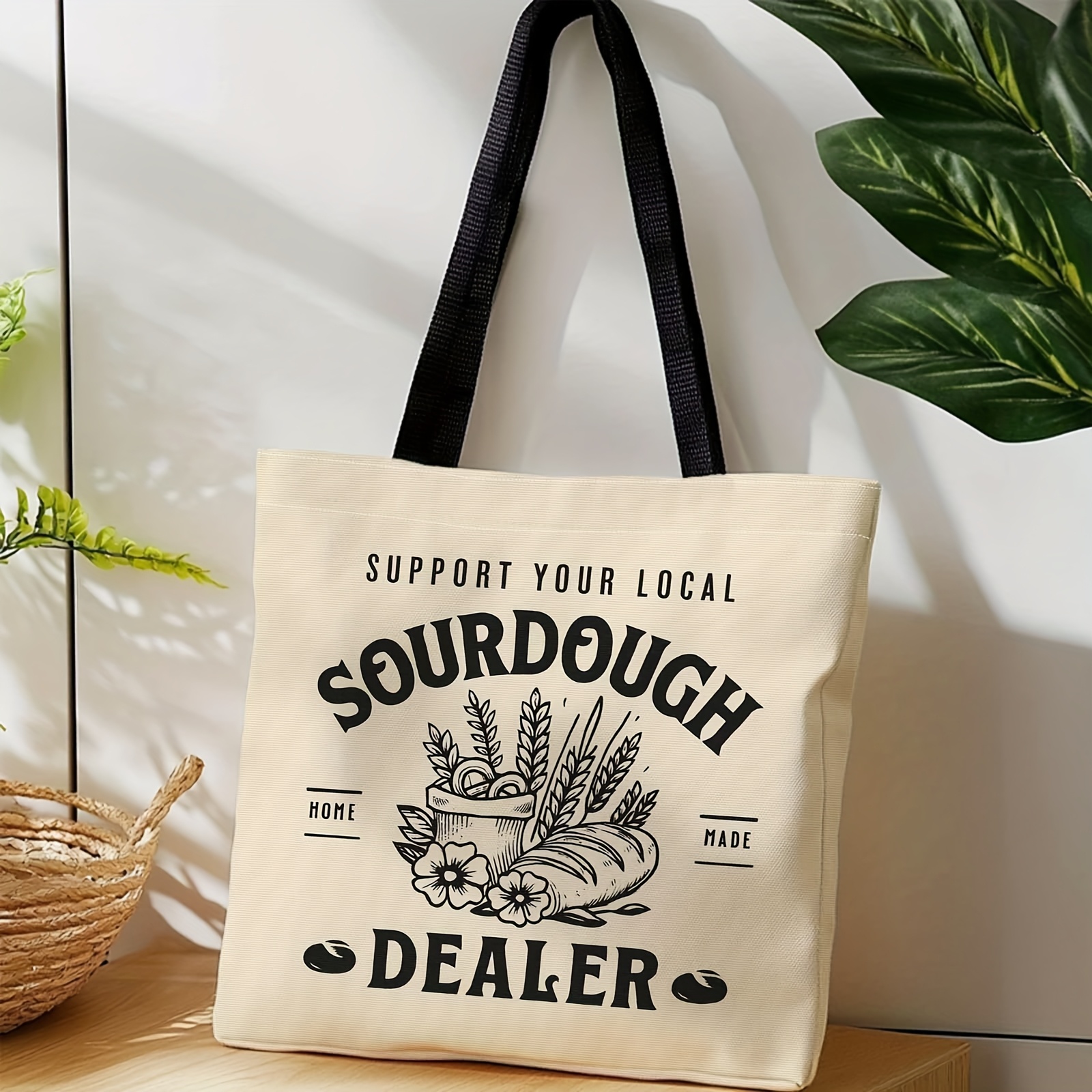 TEMU 1pc Shopper Bag, Portable Shoulder Back Hand-held Canvas Bag, Bakery Logo, Sourdough Bread, , Suitable For Travel, Cosmetics, Bags, Home