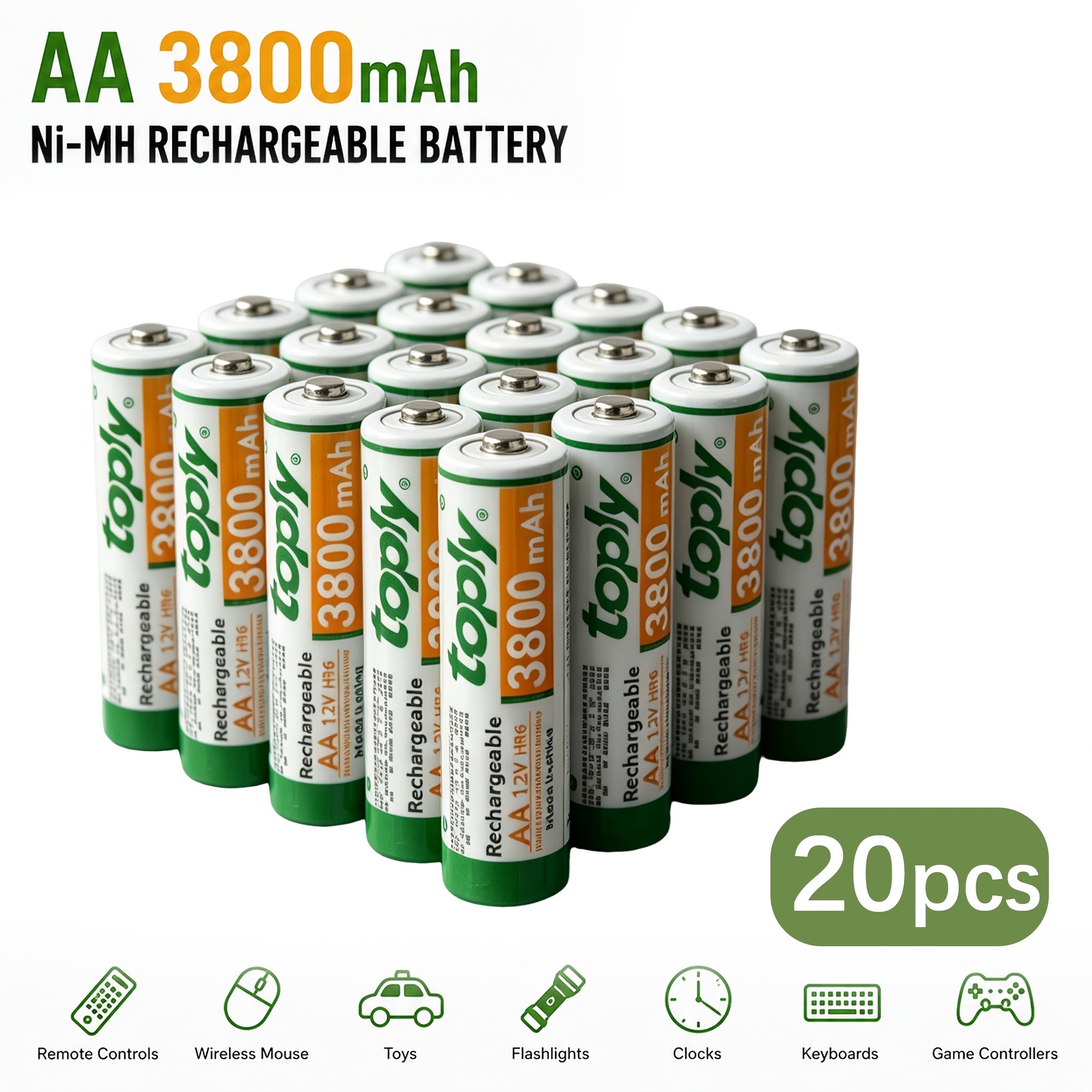 TEMU Toply Ni-mh Aa Rechargeable Batteries 3800mah, 20/10pcs Long Cycle Life Battery For Daily Use