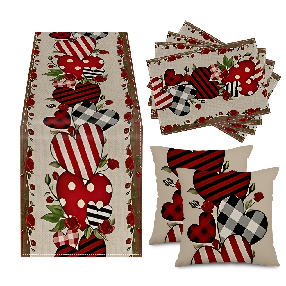 TEMU 7pcs, Linen Table Runner With Happy Striped Design For Valentine's Day, Includes Throw Pillow Covers And Placemats, Perfect For A Festive Family