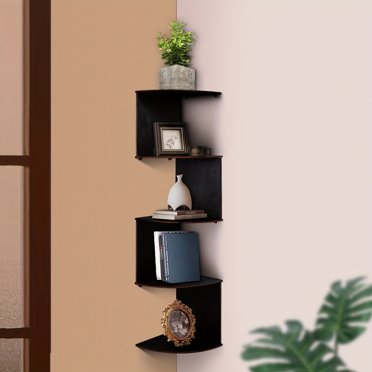 

Contemporary 5-tier Corner Wall Shelf, Wooden Hanging Triangular Shelving Unit, Log Constructed Wall-mounted Display Shelves For Various Room Types, Painted Finish