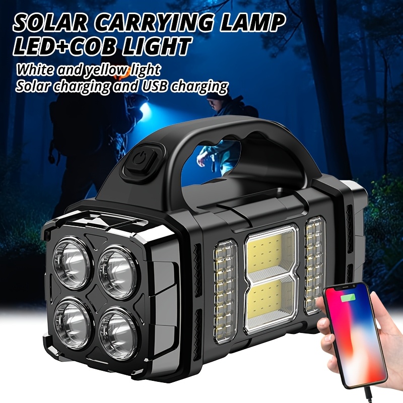 multi functional solar portable light led cob emergency light usb charging ip65 front and rear     can charge   phone white light yellow light flashlight suitable for camping hiking maintenance fishing