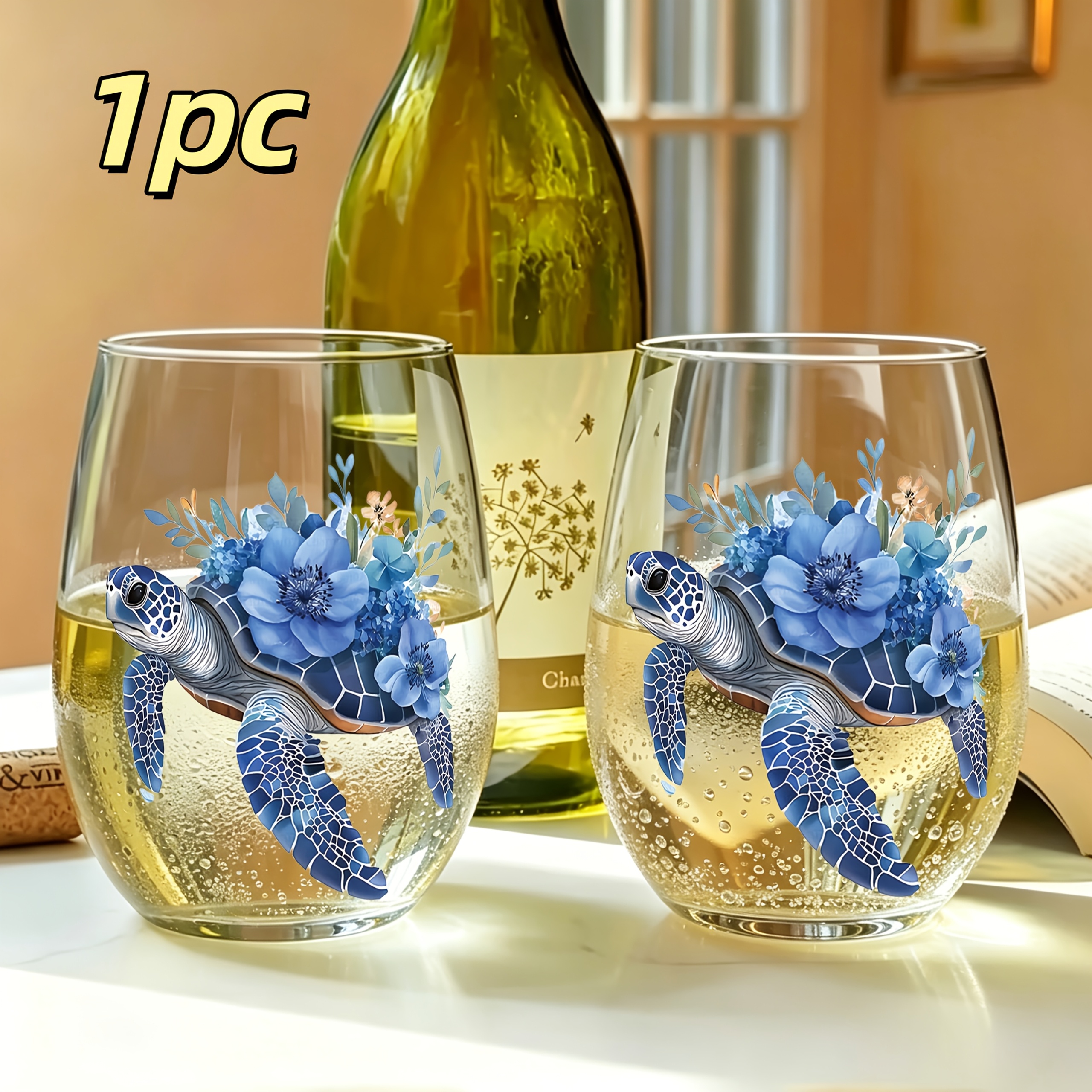 TEMU 1pc Sea Turtle Floral Pattern, 350ml Egg Shape Glass Cup, Drinking Cup, Stemless Wine Glass, Champagne And Whiskey Glass, Scratch Resistant,