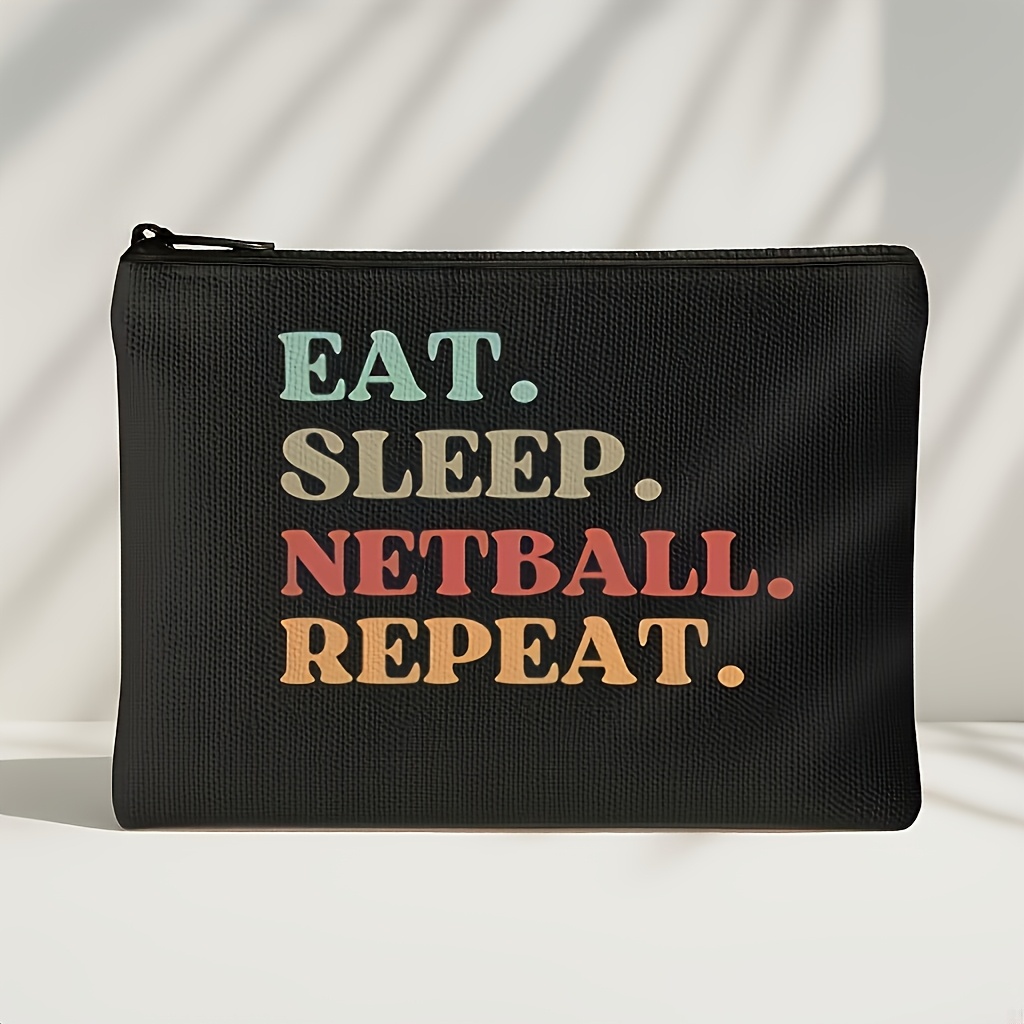 TEMU A Sporty Zipper Pouch Organizer Made With A Vibrant Teal, Red, Orange, And , Basketball Players. It Features A Fun Slogan " Netball Repeat,"
