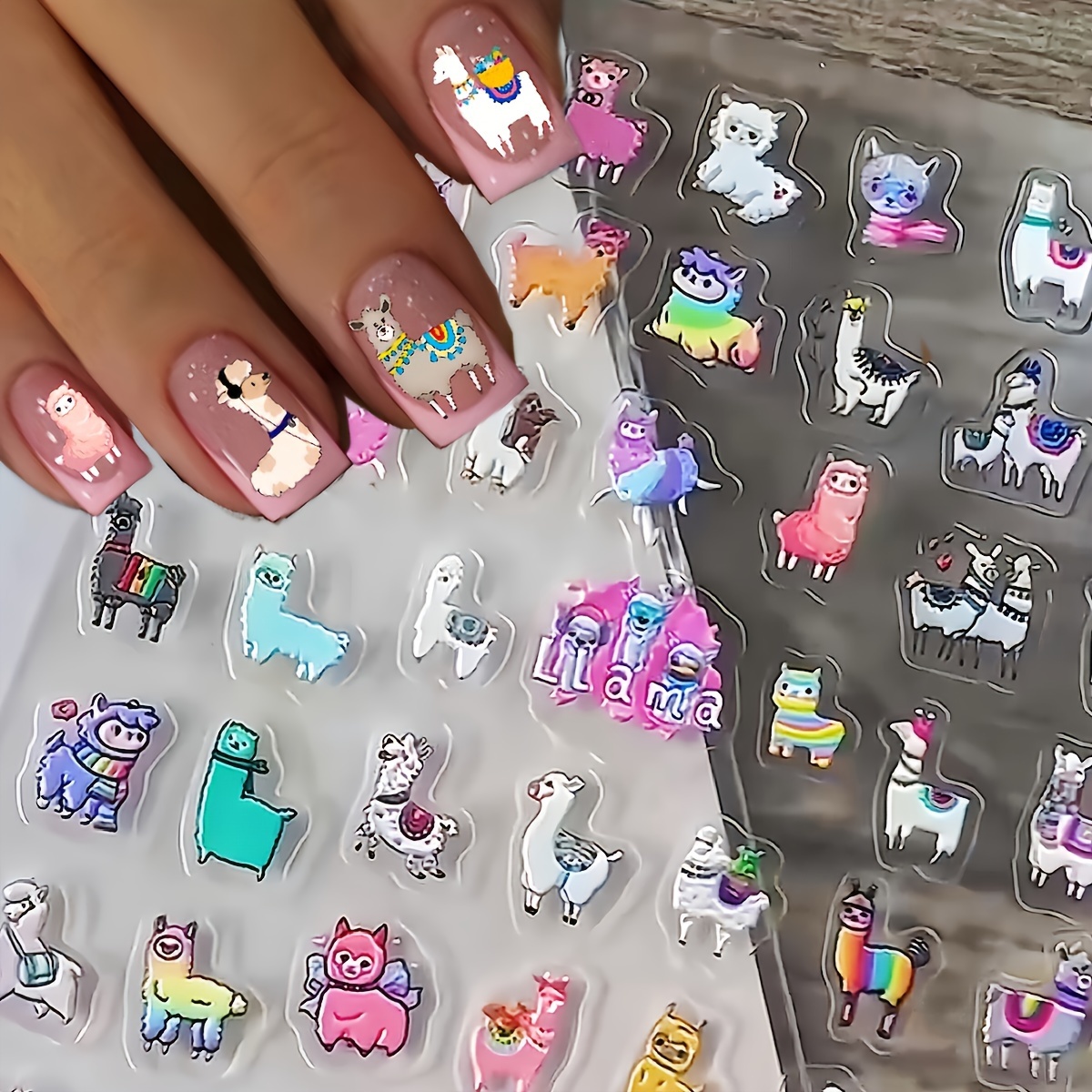 Image of 1 Sheet 5d Embossed Llama Alpaca Nail Stickers, Multicolor Cartoon Cute Animal Self-adhesive Nail Decals, Kawaii Pastel Y2k Aesthetic Manicure Decoration For Salon Nail Art & Press On Nails Additions