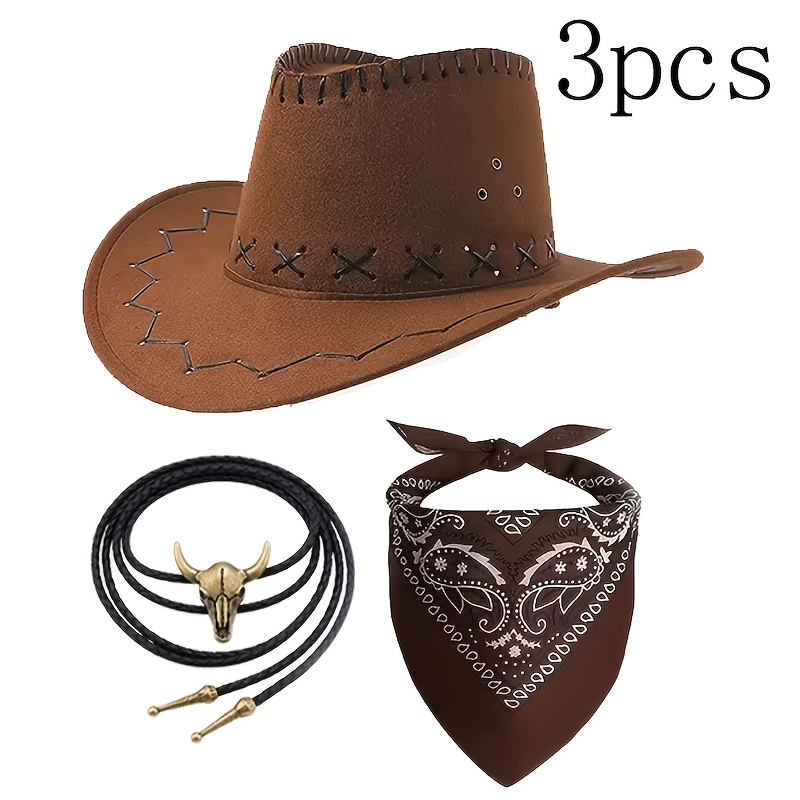 TEMU 3pcs Retro 70s Cowboy Theme Dress Up Set, Including Western Cowboy Hats, Scarves, Decorative Ropes, Halloween Costume Ball Cowboy Competition