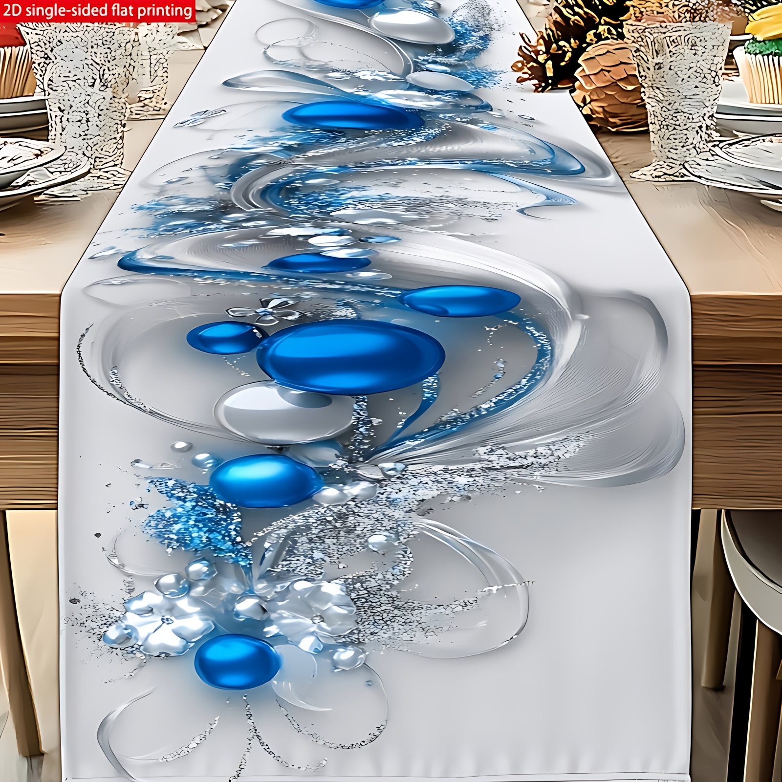 TEMU 1pc 2d Flat Printed Polyester Blue Silvery Holiday Table Runner, Christmas Dining Table Decoration Table Runner, 2d Flat