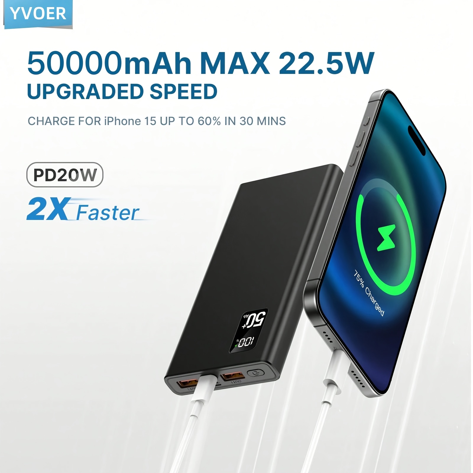 TEMU Batería Externa Ultra Delgada de 50000mAh, Carga Rápida de 22.5W, Cargador Portátil con Pantalla , Batería Externa de Capacidad con Salidas USB