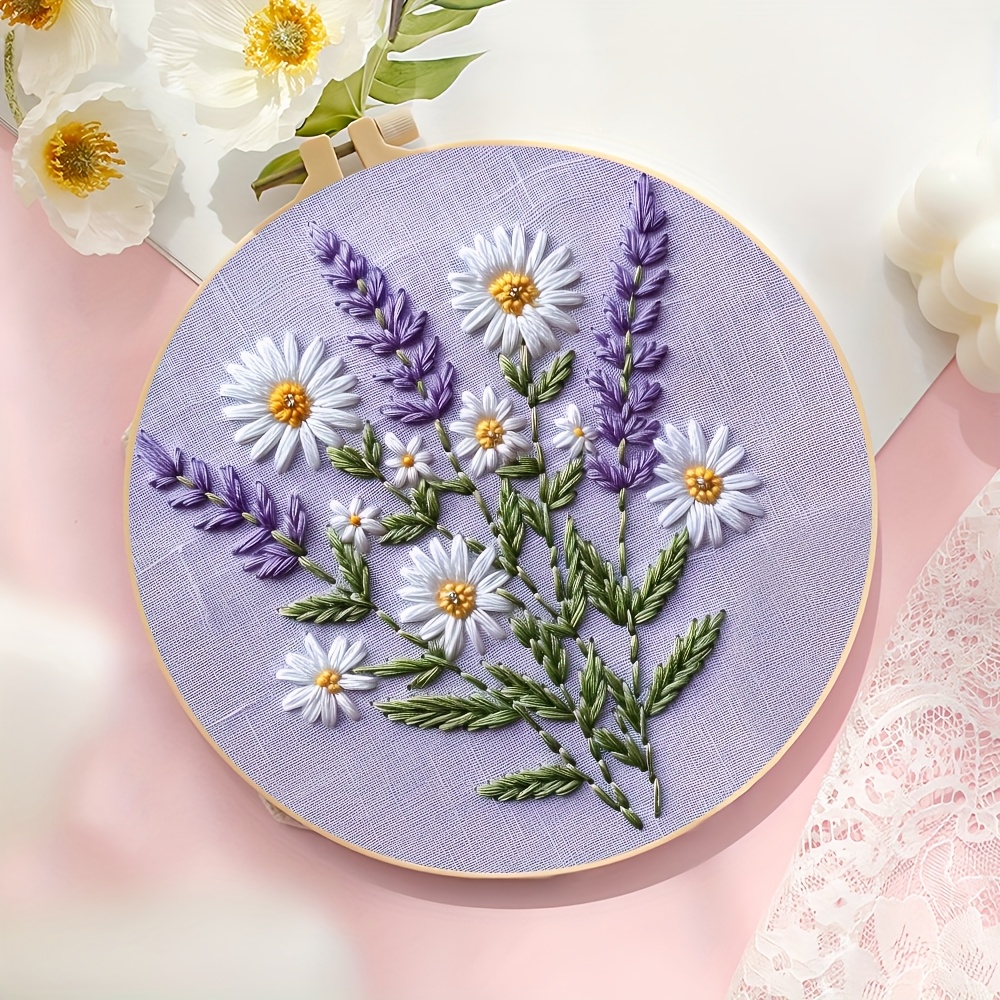 kit completo de bordado de flores de lavanda   a   - set de punto de cruz, decoración artística de margaritas para el hogar, diseño floral moderno con colores vibrantes, manualidades para     para adultos y adolescentes, kits de bordado, proyecto de manualidades para adolescentes, costuras decorativas 0