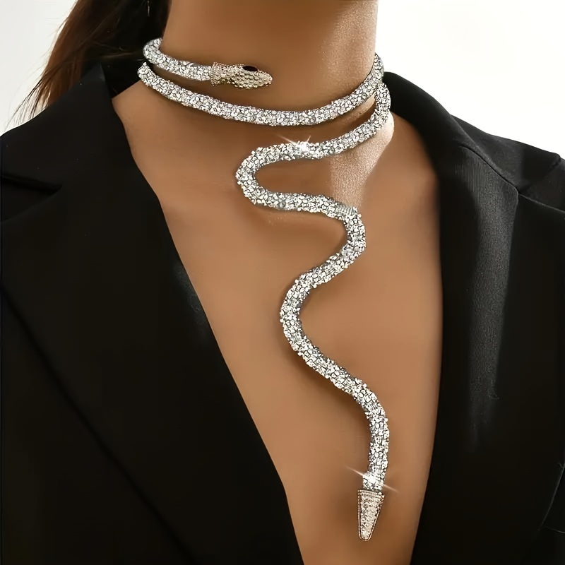 

[sparkling Jewelry] Elegant Sparkling Snake-shaped Necklace - Sexy & Vacation-ready, White Golden Plated With Embellishments, Ideal For Or Gifting, Vintage Jewelry