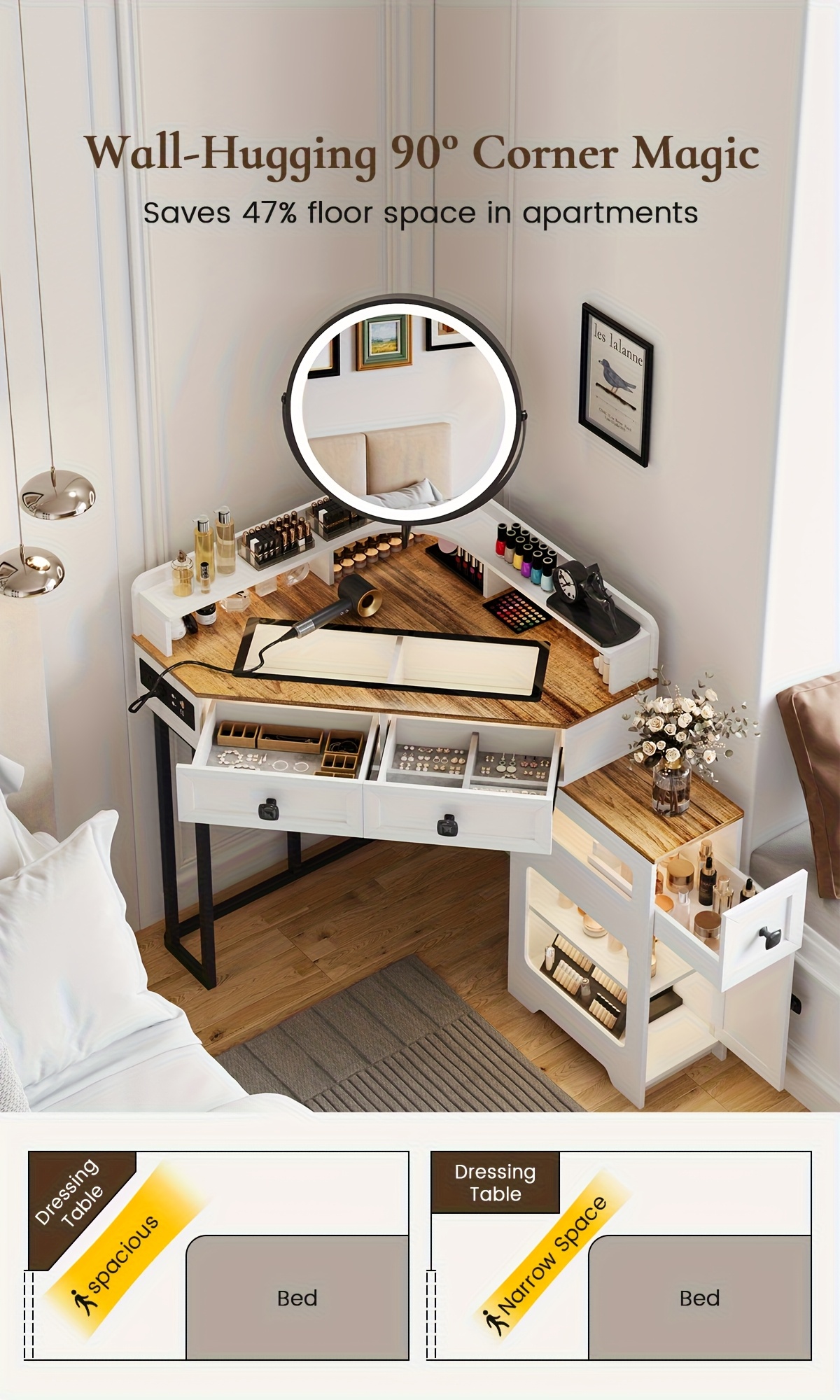 Dystler Corner Vanity With Mirror And Lights, Modern Makeup Vanity Set With Charging Station For Bedroom/Cloakroom, Glass Top Vanity Table With Drawers And Shelves, White