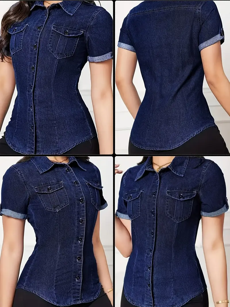womens   casual shirt summer short sleeve button up with chest pockets machine washable non stretch denim style fabric elegant solid color blouse for casual professional wear Product details 2