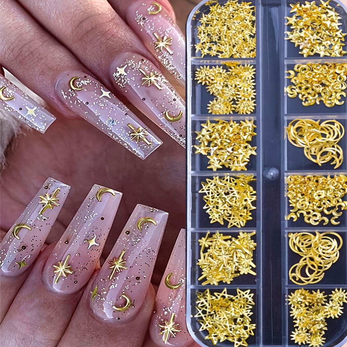 TEMU 12 Grids 1000pcs Moon Golden Metallic Nail Sequins Charms 3d Nail Art Tips Decoration Press On Manicure Supply Diy Nail Gems Nail Supplies