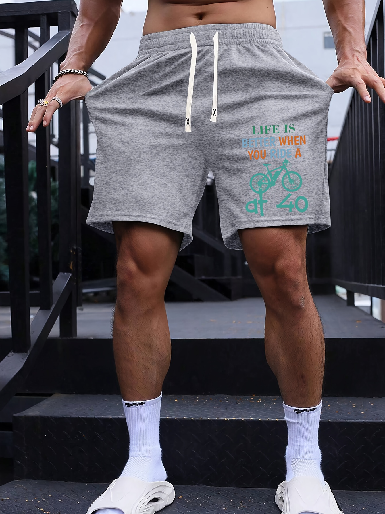 plus size men's drawstring shorts life slogan Temu Mauritius