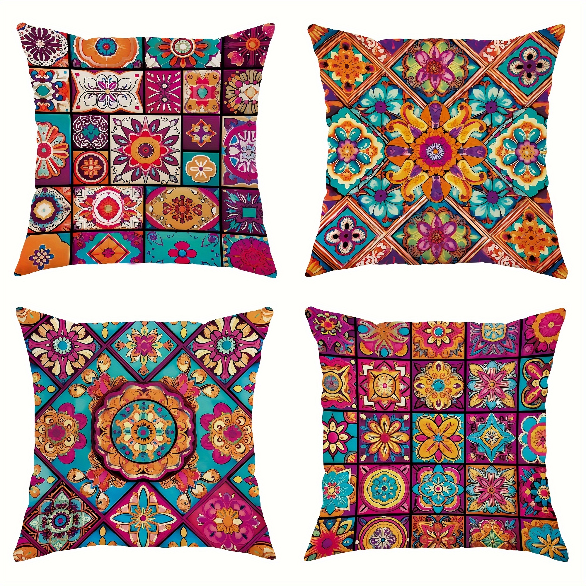 

4-piece Boho Mandala & Floral Throw Pillow Covers Set - 18x18 Inch, Square Decorative Cushion Cases For Living Room Sofa, Bedroom, And Outdoor Spaces - Machine Washable Polyester With Zip Closure