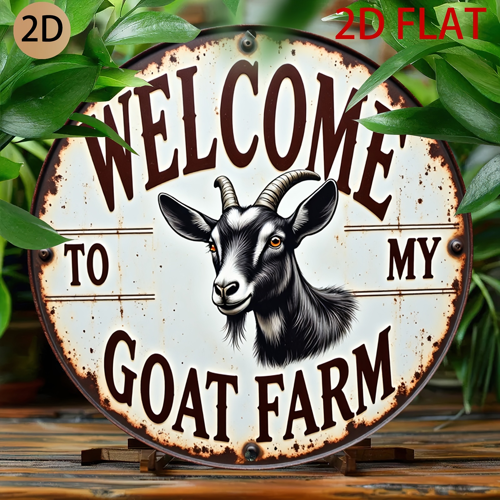 TEMU 2d Plane Circular Rustic Metal Sign Goat Themed Welcome To Farm Wall Art For Home Or Farm Area, 2d Flat, Perfect For Room Decor
