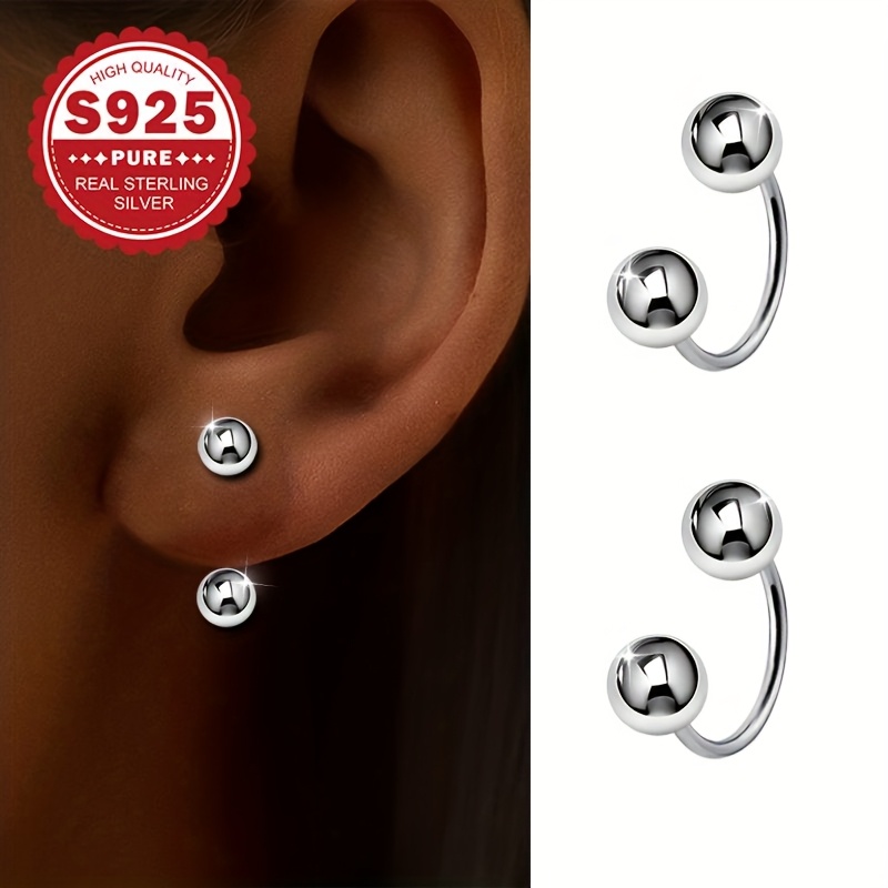 Image of 1 Pair Of Women's Fashion Round Bead Ear Hooks, S925 Pure Silvery Round Bead Spiral Earrings, Piercing Earrings, Elegant And Simple, Suitable For Daily Casual Wear, For Women, Low Allergy