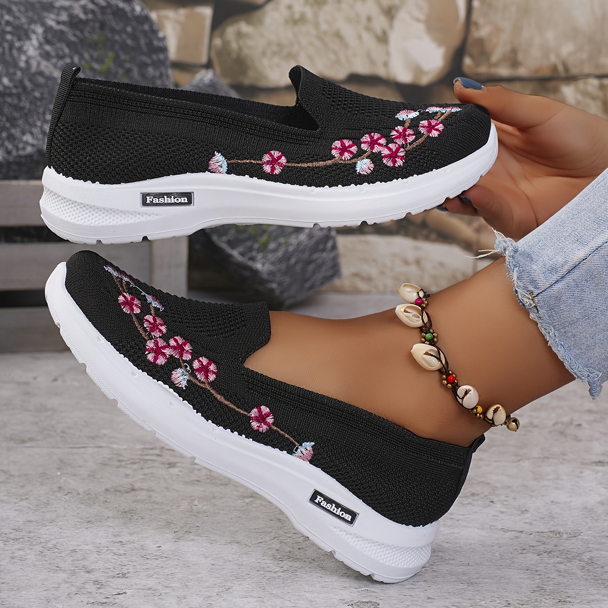 ladies casual outdoor running and walking shoes with embroidered double layered soles easy to put on and   made of knitted fabric details 2