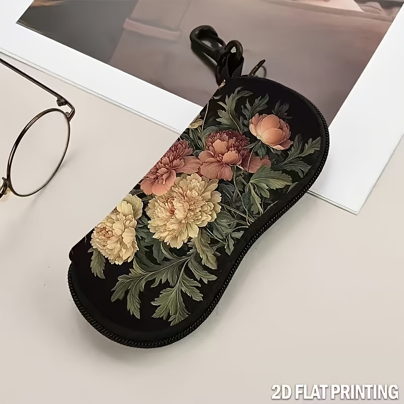 TEMU Custodia per occhiali stampa di peonie, custodia per occhiali con cerniera in neoprene , e portatile, adatta a tipi e dimensioni di occhiali, da