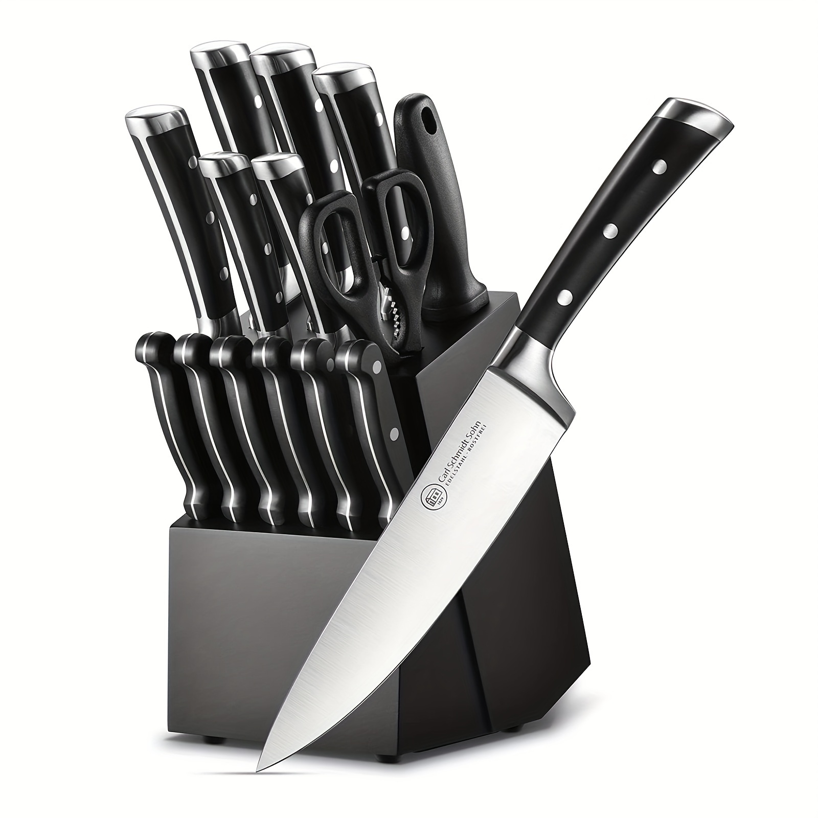 

15pcs/set, Kitchen Knife Set Knives With Knife Block And Sharpener, Forged Stainless Steel Knife, Professional Chef Block Set With Ergonomic Handle, Kitchen Tool Set, Kitchen Stuff