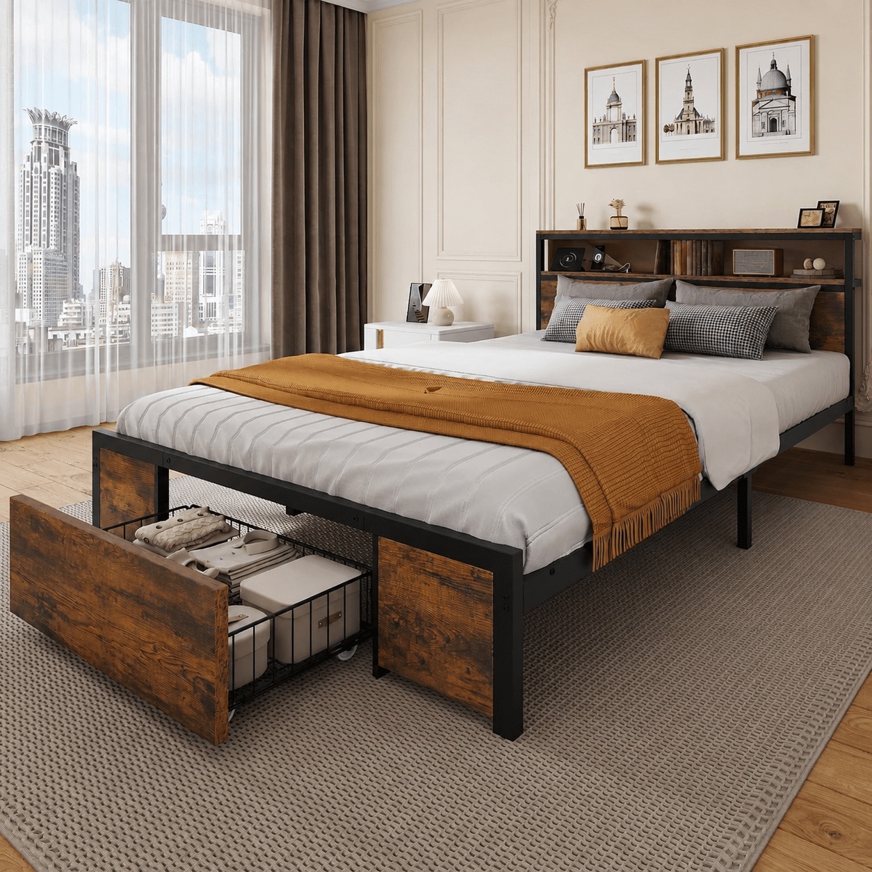 TEMU Double Size Metal Bed 213*150*96cm Frame With Headboard, Platform Bed Spring Needed, Heavy Duty Steel Slat Support, Easy Assembly Frame For