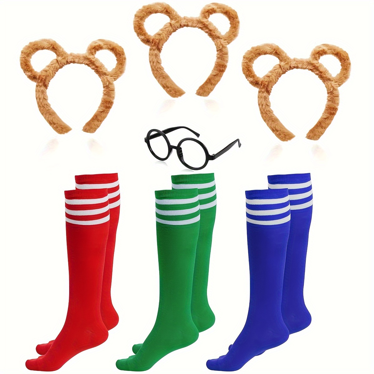 

7 Pcs Costumes Set 3 Pcs Chipmunk Ears Headband 1 Pcs Lensless Black Round Frame Glasses And 3 Pairs Knee-high Socks For Teens Adults Costume Accessories