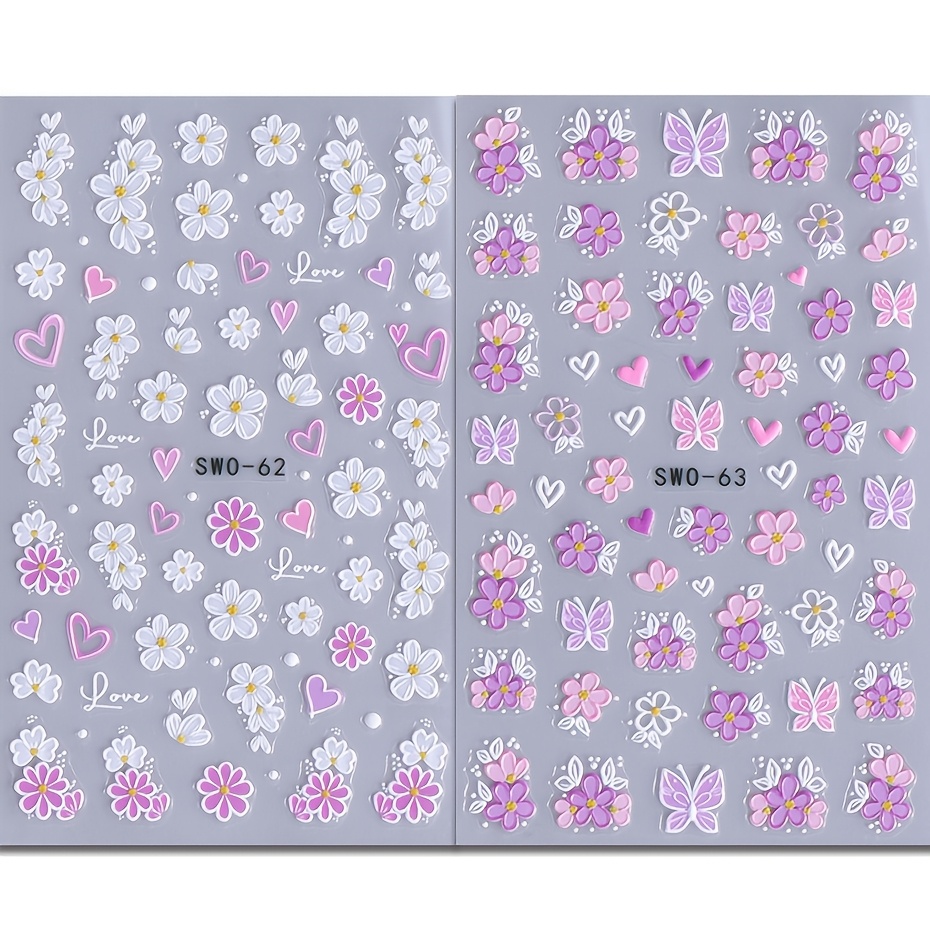 2pcs Of Embossed 3d Heart Flower Nail Stickers - Spring And Summer Floral Nail Art - 3d Pink And Flower Nail Decals - Easy To Apply - Suitable For Nail Design Swo-62+63
