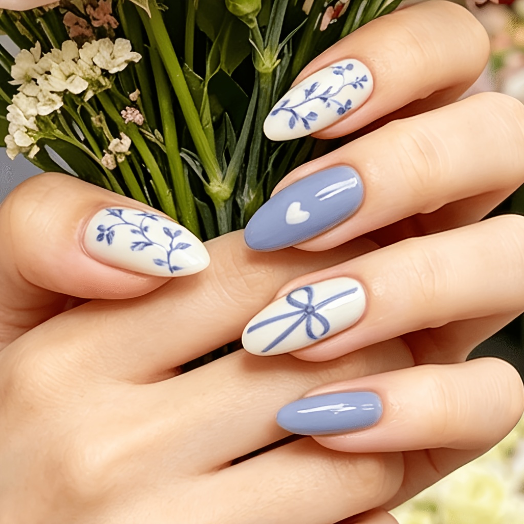 TEMU 24pcs Blue Floral Press-on Nails Suitable For Women - Almond Shape False Nail Tips With Glossy Finish, Y2k Gothic Nail Stickers, Spring Summer