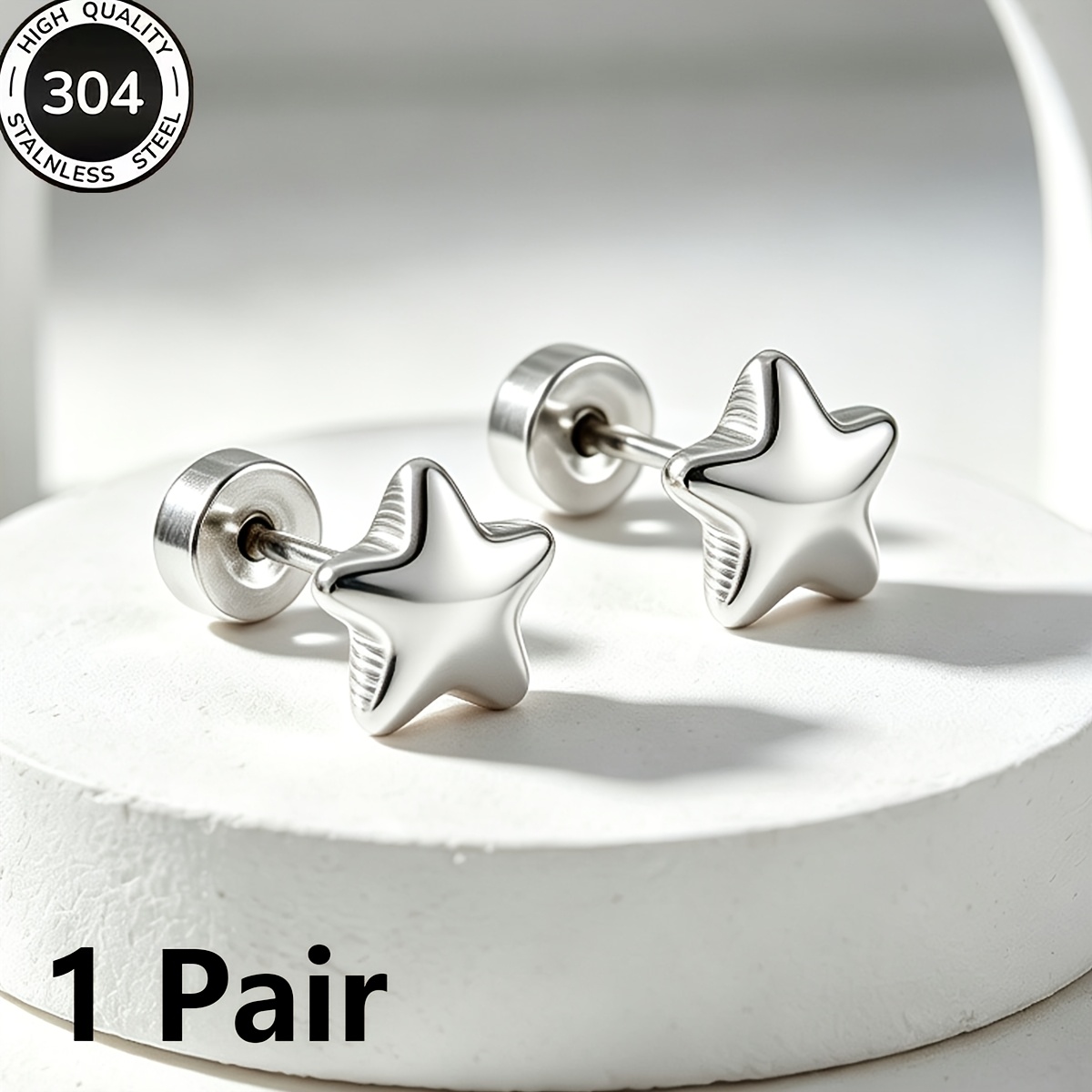 TEMU 1 Par de Aretes de Tuerca con Forma de Estrella 3D de Acero Inoxidable 304 304 316 304 316, Estilo Básico de Fácil, Desplazamiento Versátil,