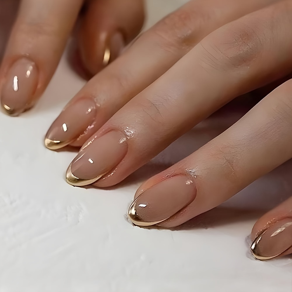 

Golden French Tip Almond Shaped Press-on Nails - Mixed Color Matte Finish Short Length, Pure Color Fashion Nail Set - Easy To Wear, Simple Elegant Style Fake Nails