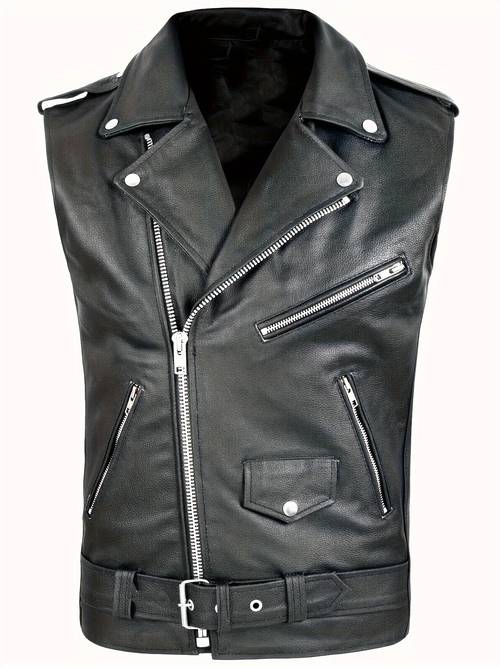 mens pu leather jacket with zipper pockets street style lapel fit zip up sleeveless vest for outdoor activities