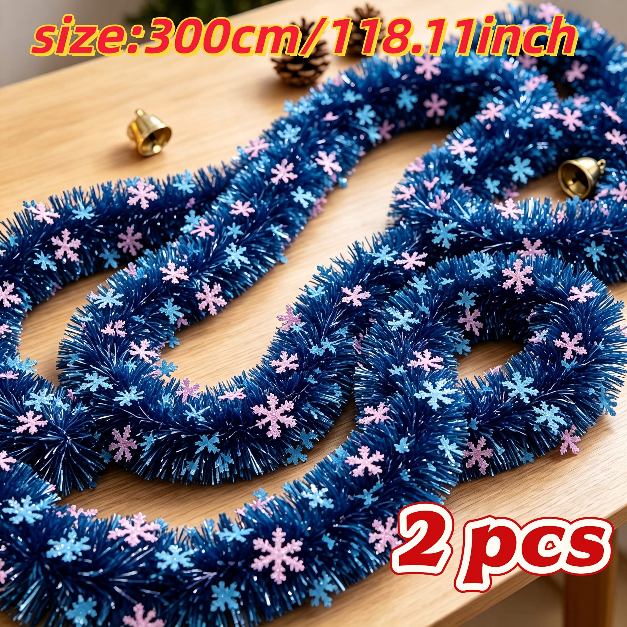 TEMU 6 Meters = 2pcs Christmas Blue Snowflake Ribbons, Metallic Bent , Suitable For Stair Railings, Christmas Trees And Various Scenes. Suitable For