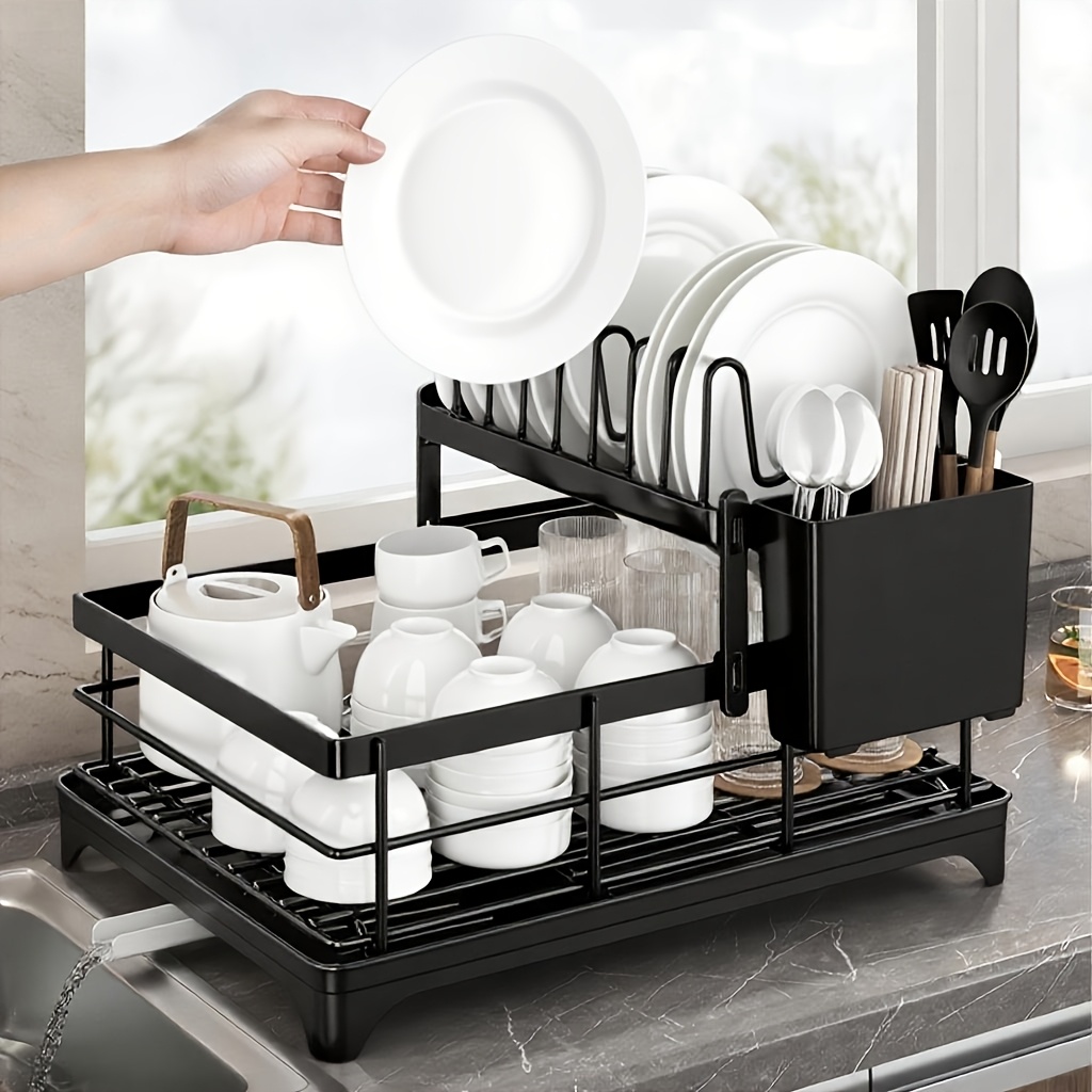 TEMU Grand support à gouttelettes à niveaux avec plateau d'égouttement, grand support à double couche, organisateur d'évier amovible au-dessus du
