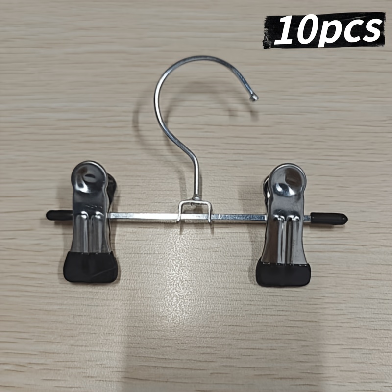 Image of 10pcs Stainless Steel Pant Hangers, Black, Strong Clamping Force, Non-slip Hangers For Children's Jeans And Skirts, Multi-functional Household Clothes Storage Rack