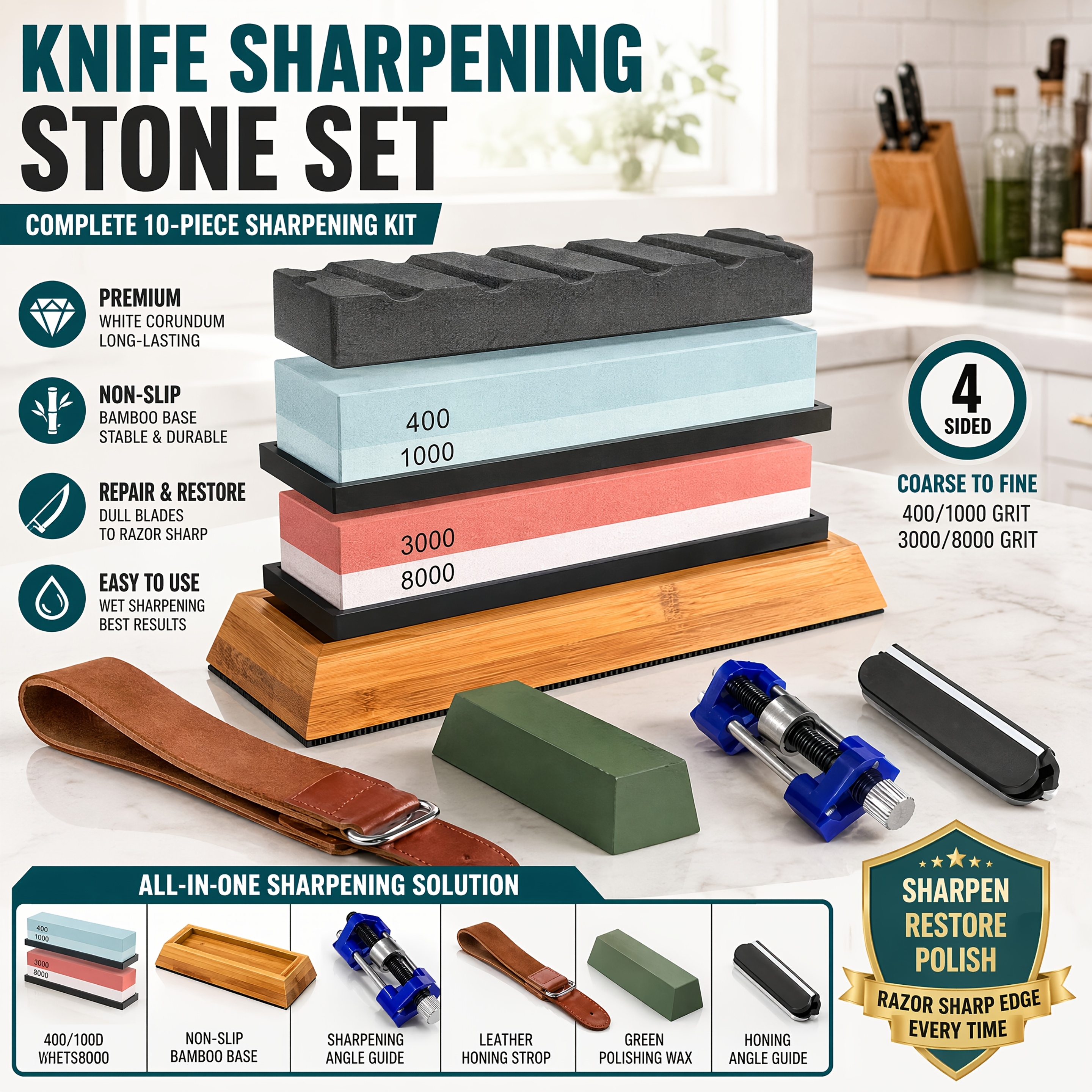 Image of Knife Sharpening Stone Set, Professional 4-side Whetstone 400/1000 And 3000/8000 Grit, Premium Sharpener Kit With Non-slip Base And Angle Guide, White For Kitchen Knives, Hunting , And Scissors