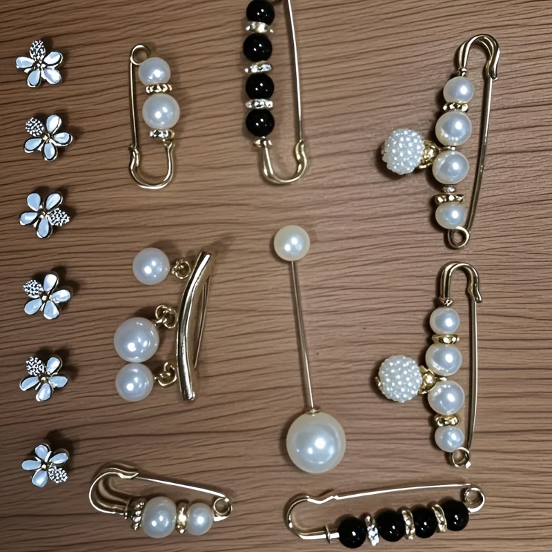 Image of 14pcs Elegant Pearl Brooch Pin Set, Alloy& Plastic, Irregular Shape, Versatile Fashion Additions For Dresses, Hats, Shawls
