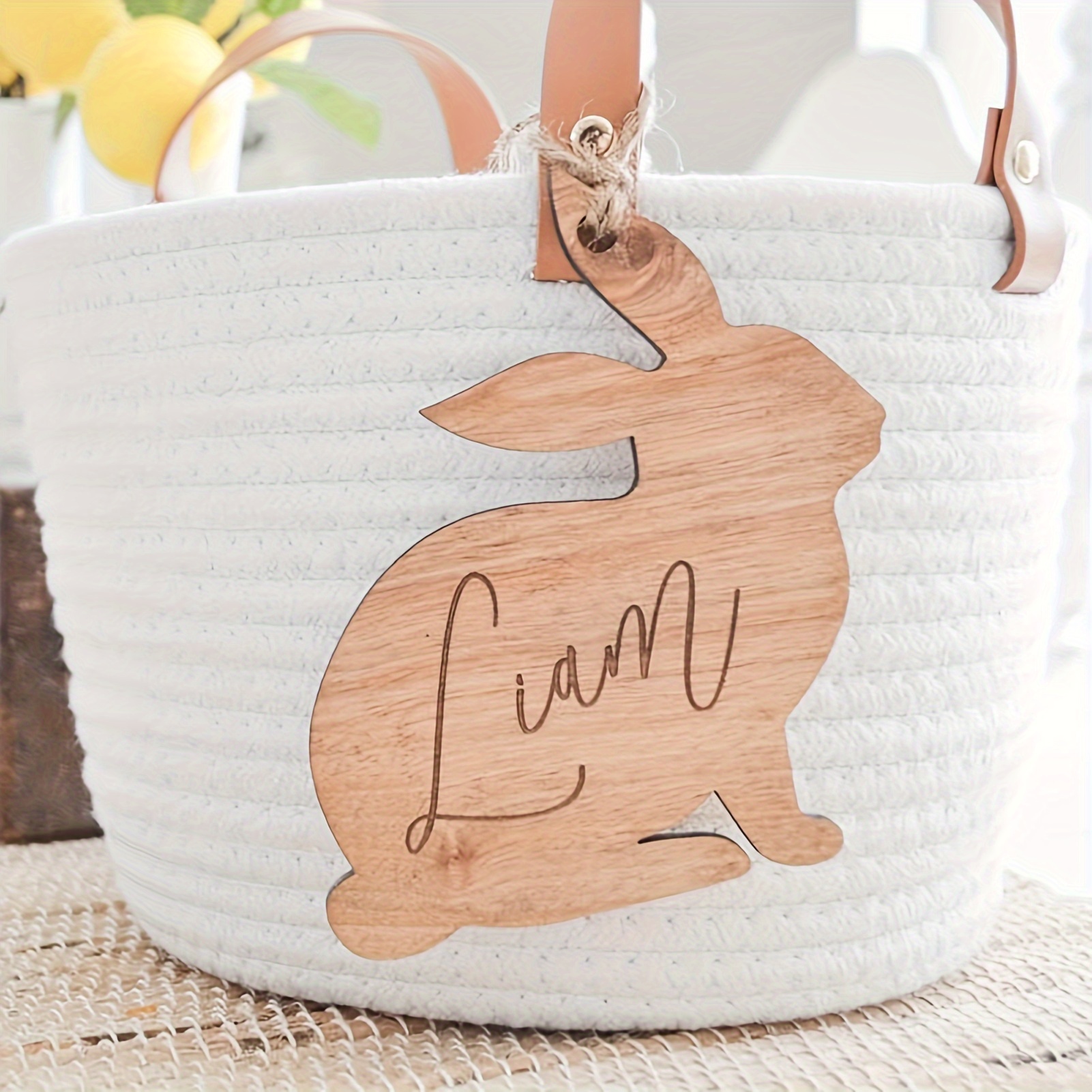 

Bunny, Custom Engraved Wooden Easter Basket Name Tag - Personalized Bunny Label With Ties, Keepsakes & Gifts