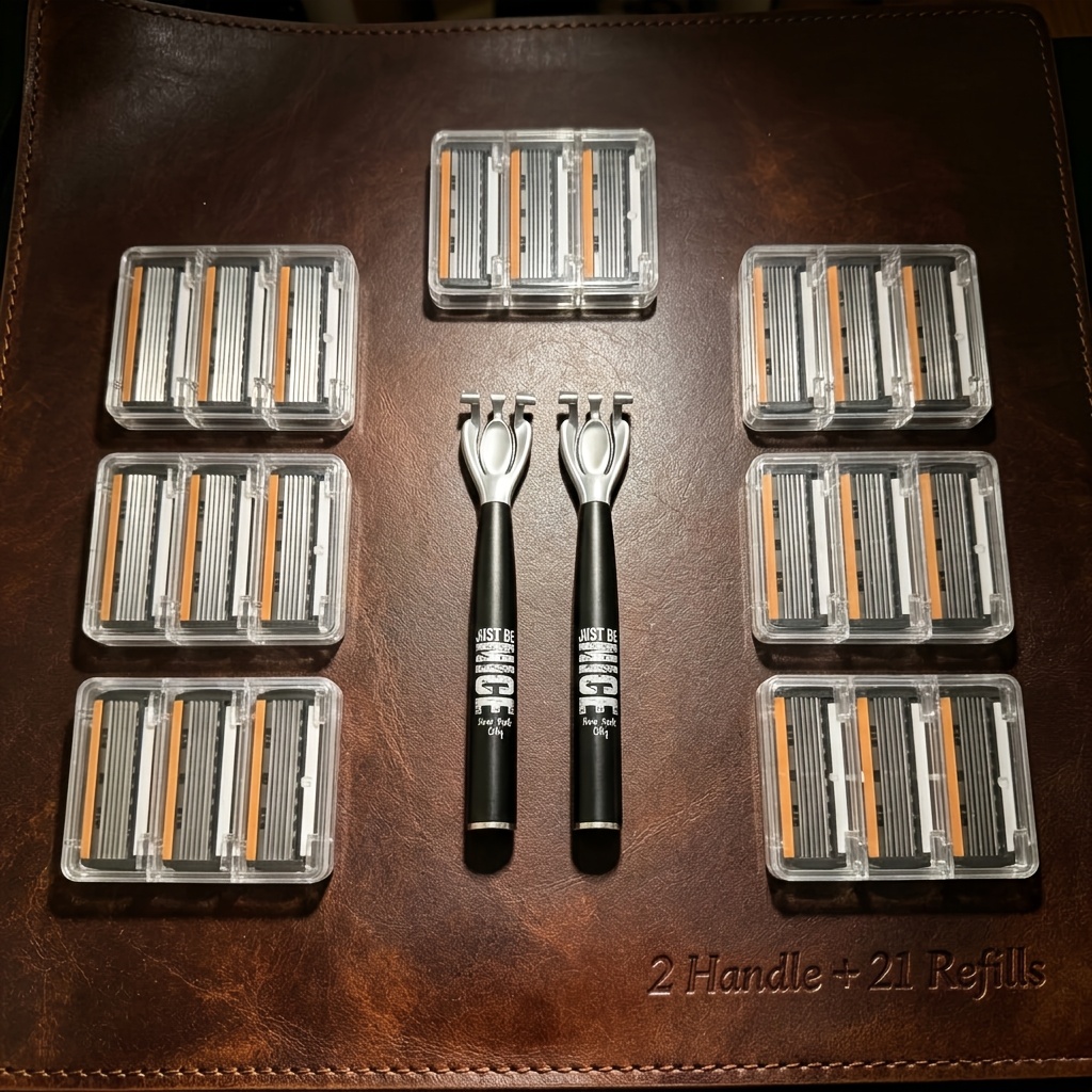 TEMU 2 Black Nice Handle 21 Replacement Blade Heads 6-layer Manual Shaving Kit | Men's Manual Safety Razor Set With 6-layer Stainless Steel And Aloe