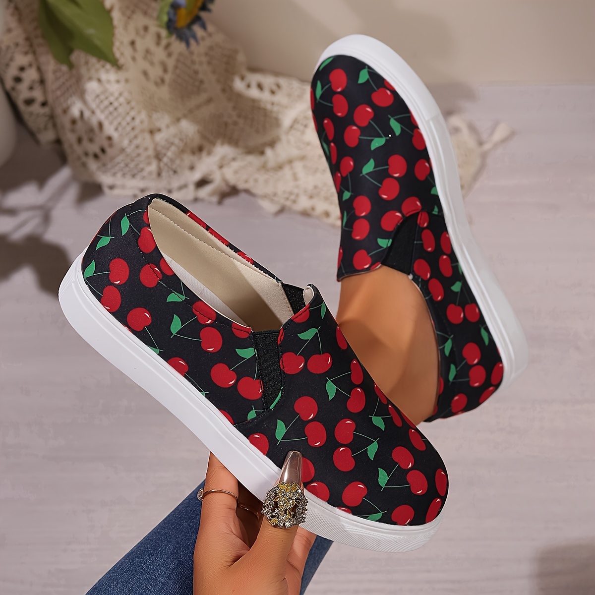 

Women's Plus Size Cherry Print Casual Slip-on Walking Sneakers Comfortable Sport Shoes With Elastic Insets