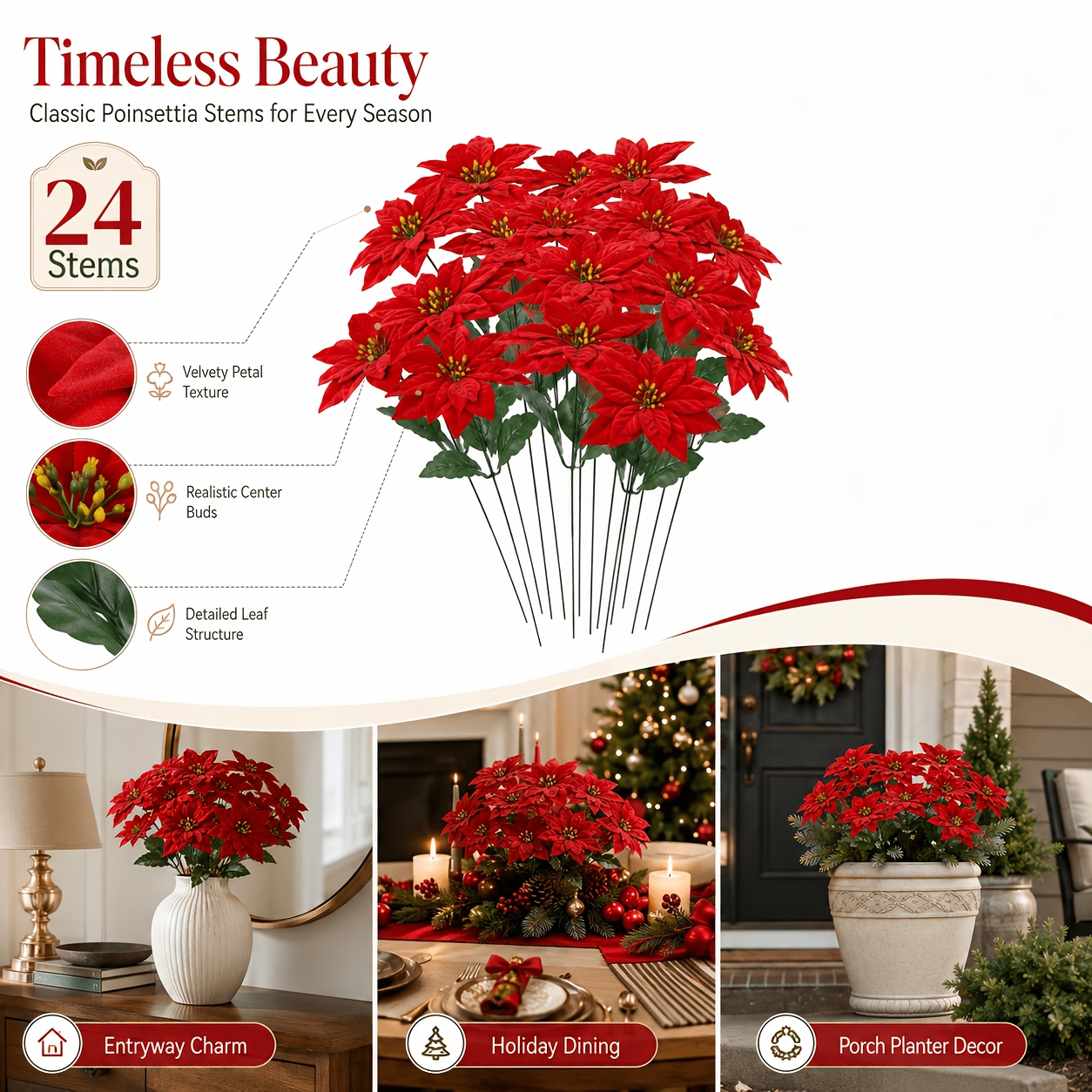 TEMU 24pcs Red Artificial Peonies, Christmas Outdoor Fake Garden Decorative Flowers, Classic Christmas Red Flowers And Green Leaves Arrangement,