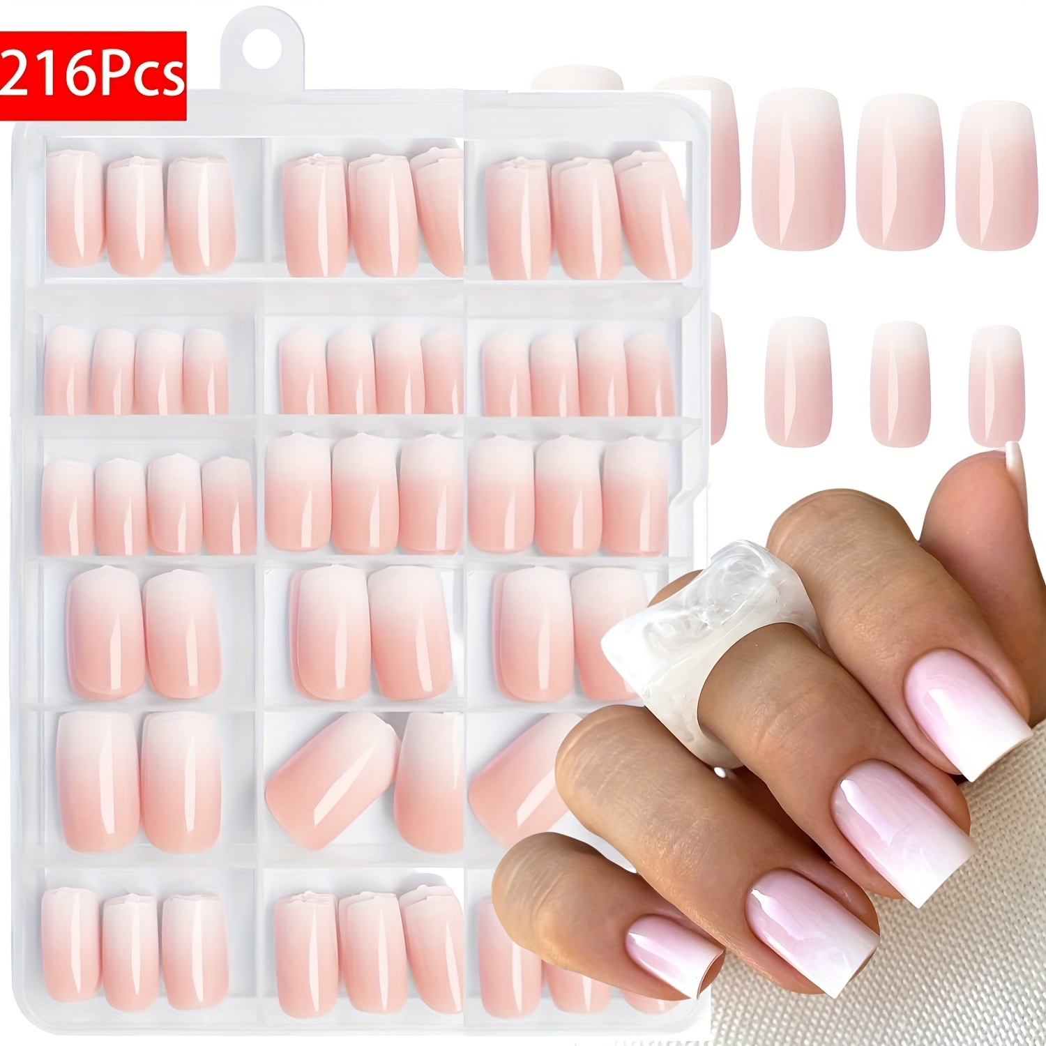 Image of 216pcs Press On Nails Medium Apricot Nails, Square False Nails, Glossy End, Easy Natural Pink White Gradient Color Acrylic Nails For Women And