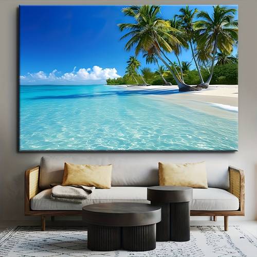 1 solid wood frame canvas painting hawaii tropical beach scene with coconut trees poster home decoration festive occasions and gifts for him her suitable for living room and bedroom ready to hang 2d flat