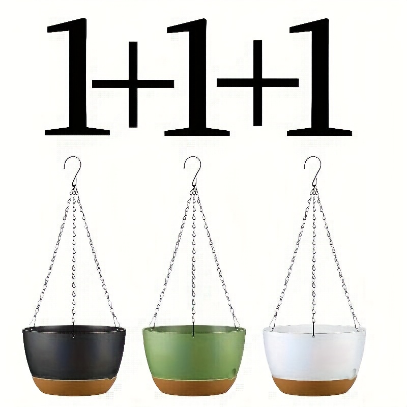 Image of Bohemian Style Resin Hanging Flowerpot With Sturdy Triangular Chain -3pcs Set, Indoor/outdoor Flowerpot With Drainage Holes And Detachable Tray, Perfect For Garden, Home, And Terrace Decoration