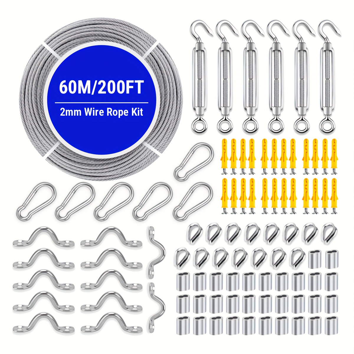 60m (200ft) 2mm Vinyl Coated 304 Stainless (120pcs) - M5 Heavy Duty Turnbuckles, Snap Hooks & Pad Eyes, Professional Garden Trellis & Balustrade System