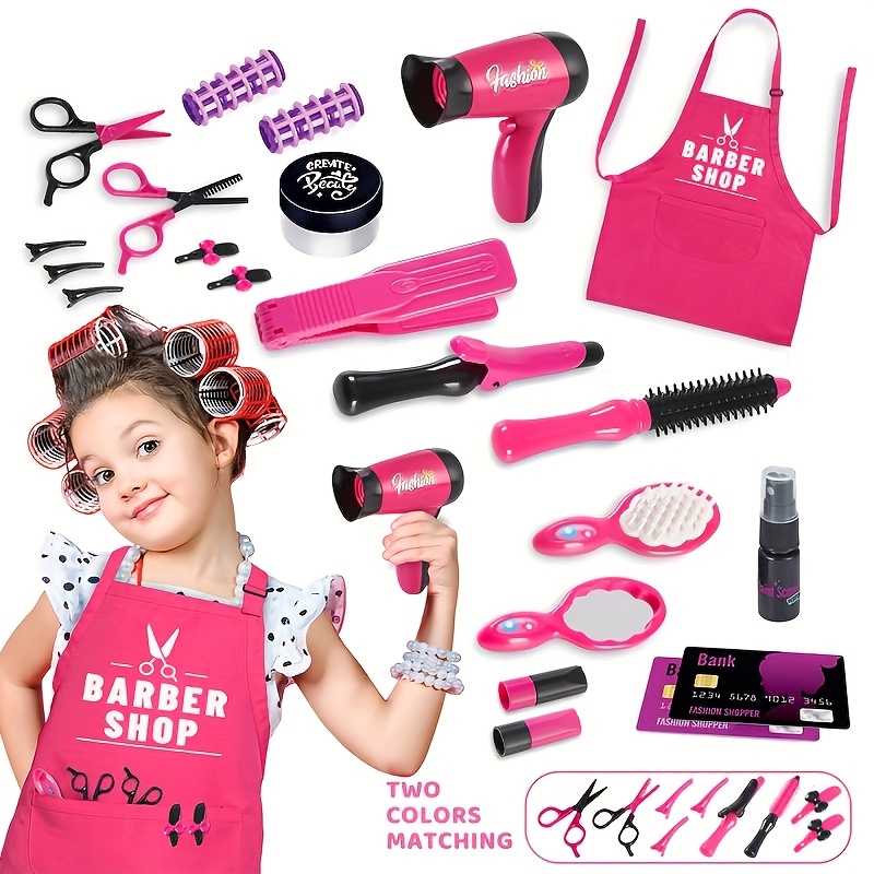 Image of 22pcs Set For Girls' , Pretending To Play With Hairstylists, Cutting Tools, Hairdressers, Toys With Hair Dryers, Scissors, Hairdressers' Aprons, And Styling Accessories. Easter Birthday Gift