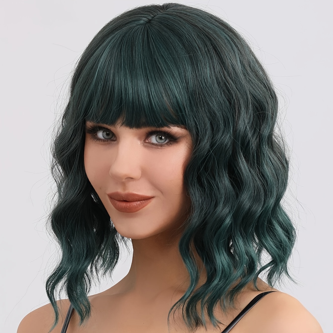 Dark Green Short Loose Wave Bob Wigs With Bangs For Women Loose Wavy Wig Curly Wavy Shoulder Length Bob Upgrade Synthetic Wig Cosplay Wig For Women Colorful Costume Wigs