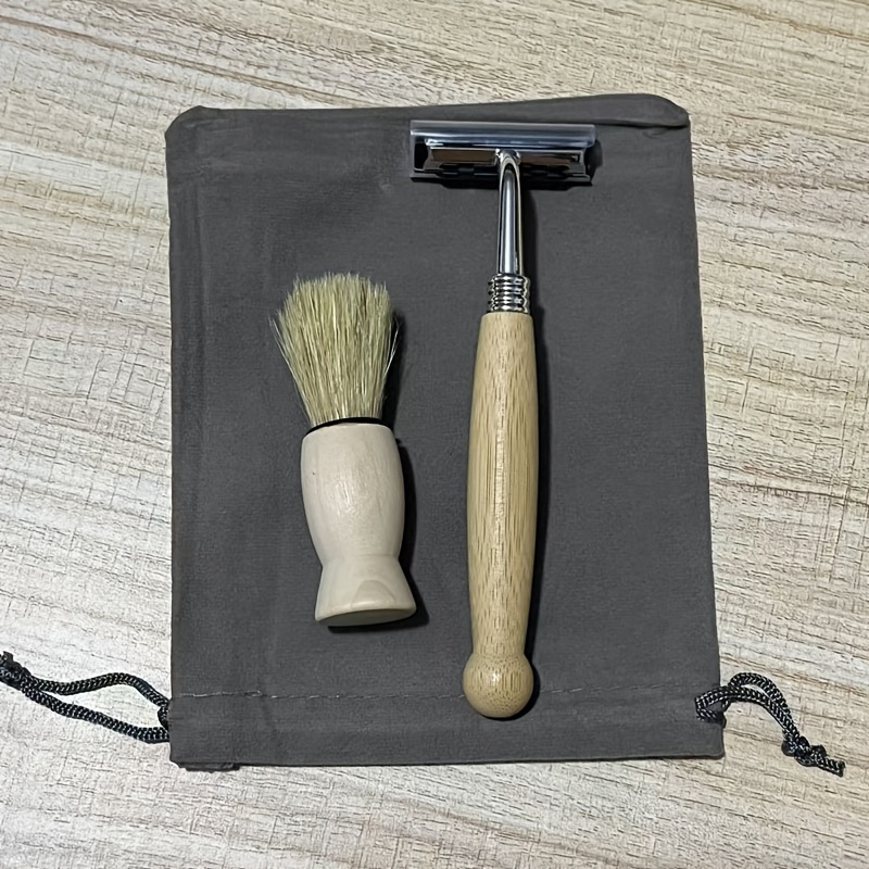 TEMU personnalisé pour homme avec rasoir et brosse de rasage en bois - Bois adapté à de et de la moustache, système de rasage de voyage avec trousse